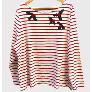 NWOT Talbots Plus Size 3X Holiday Striped Embroidered Holly Top Christmas Shirt